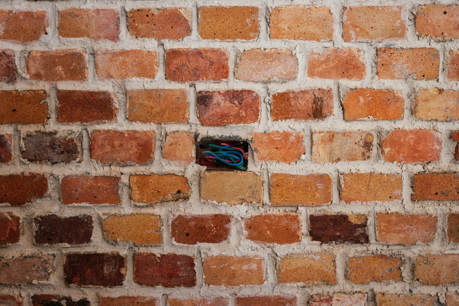 Geöffnete Steckdose mit sichtbarer Unterputzdose im Mauerwerk